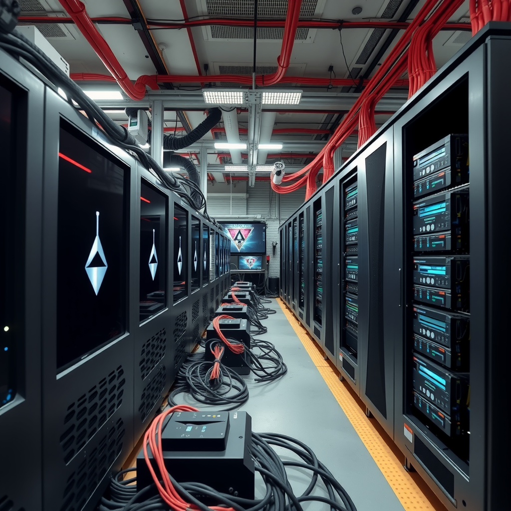 A technical environment with computers, servers, routers and cables mining crypto currencies like cardano ADA.