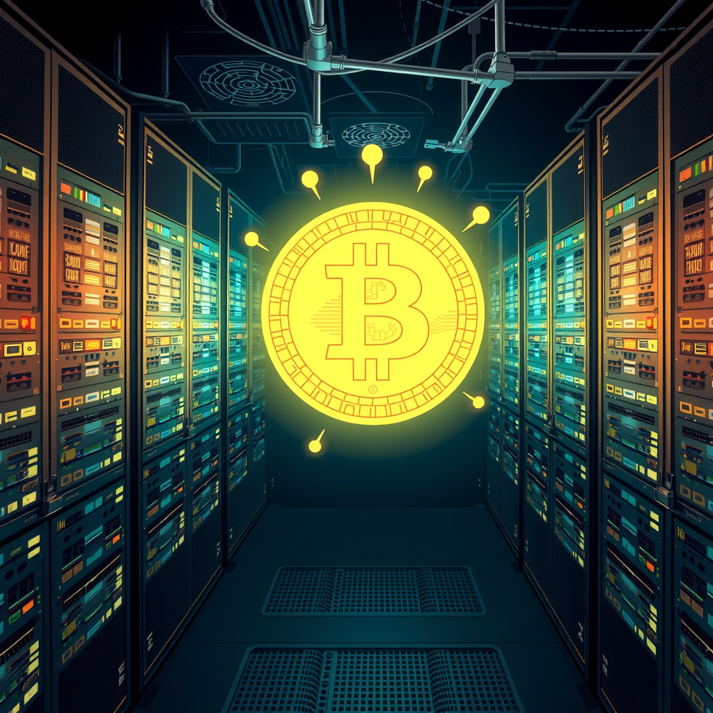Create a image showing a crypto mining data center which is producing bitcoins or other crypto currencies