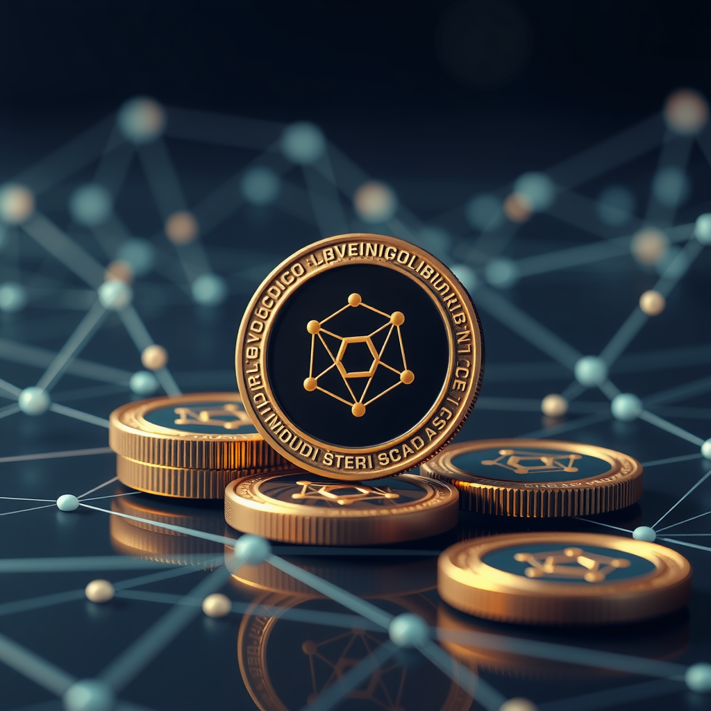 Create a image showing coins with the Cardano logo to illustrate crypto currency. The background can be abstract and futuristic e.g show a blockchain which is a network with nodes and edges