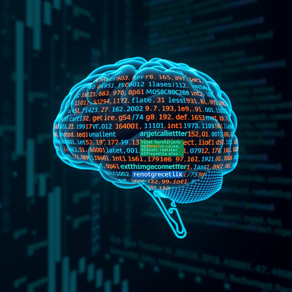 ai-generated image of a digital brain made of code and data, symbolizing complex algorithmic thinking