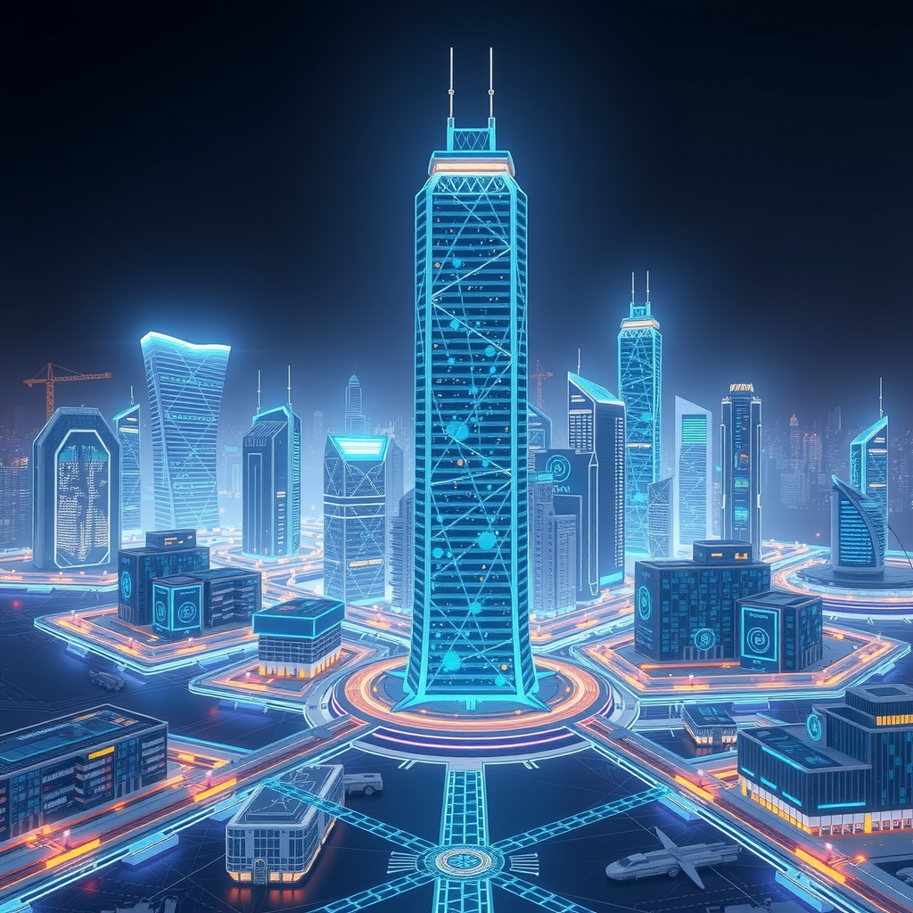 A futuristic city powered by decentralized blockchain nodes, showing a transparent system.
