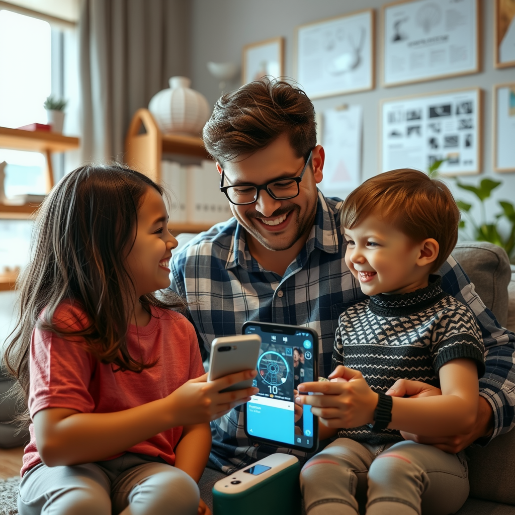 ai-generated image of a happy family engaging with a smart AI assistant, receiving helpful insights