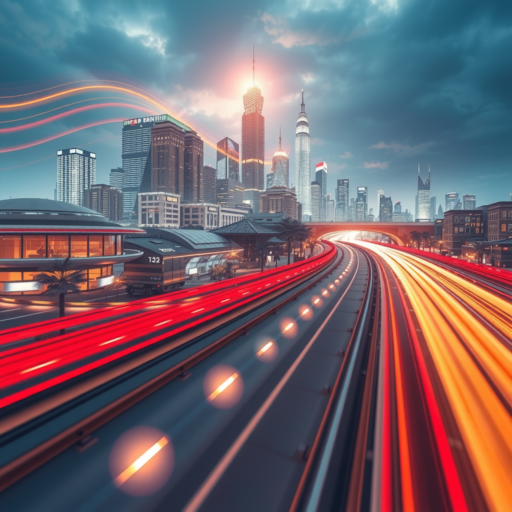 ai-generated image of a futuristic high-speed city with tech innovation hubs, symbolizing speed in development. 