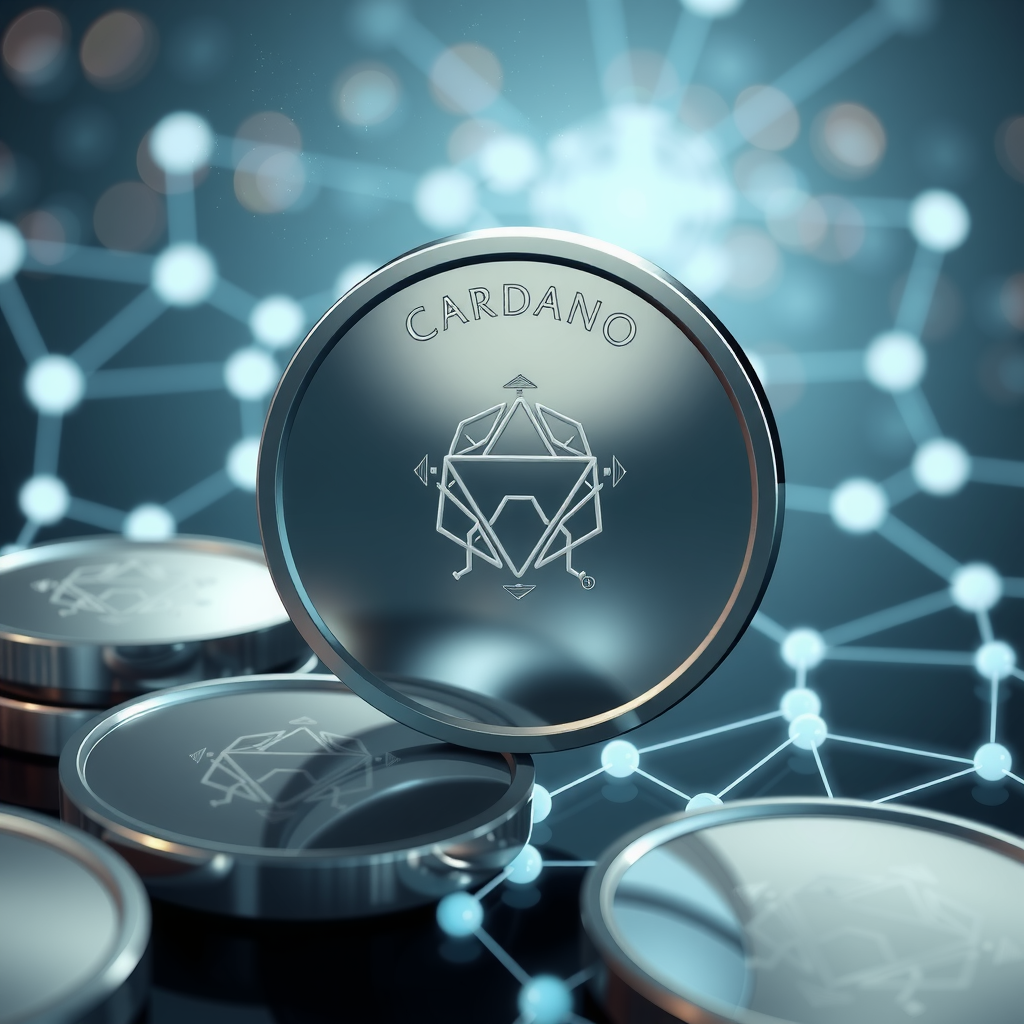 Create a image showing coins with the Cardano logo to illustrate crypto currency. The background can be abstract and futuristic e.g show a blockchain which is a network with nodes and edges