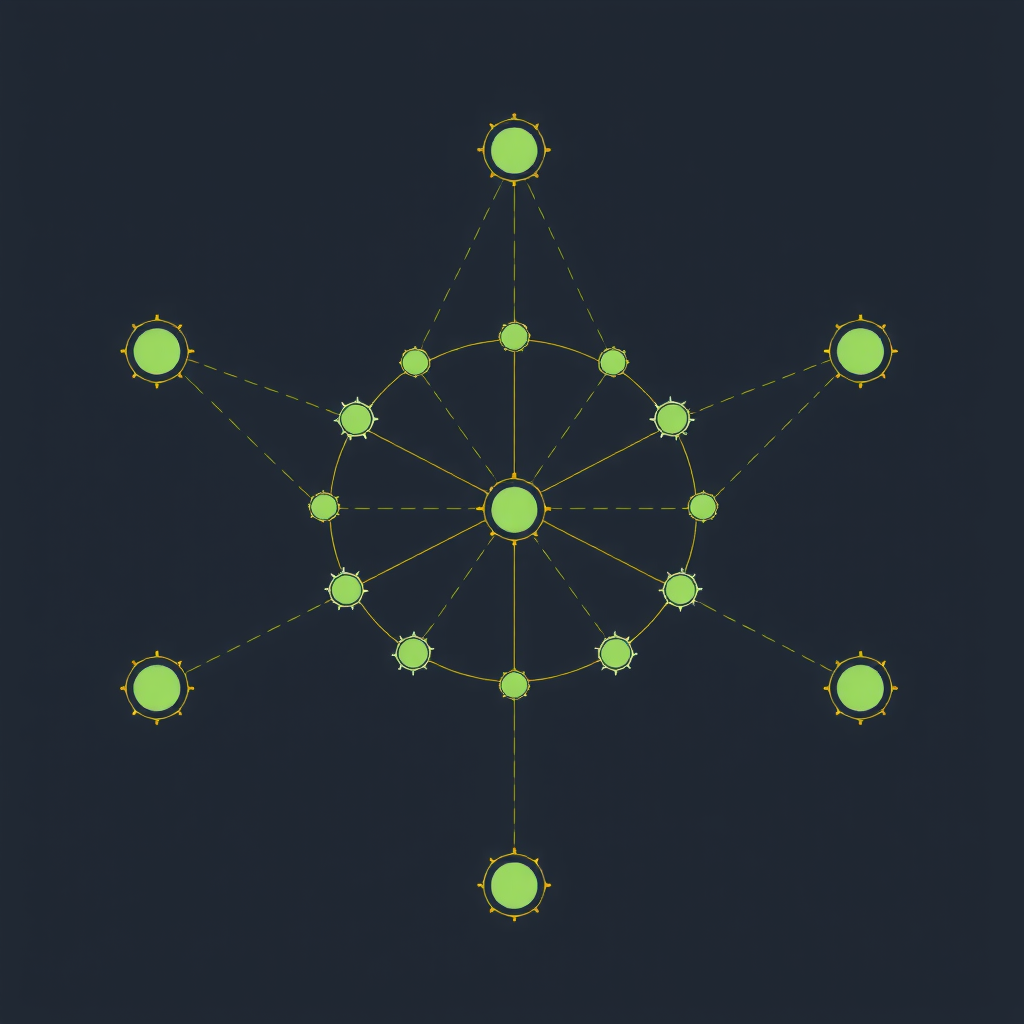Create an image showing a blockchain in a abstract way with nodes and edges. A kind of network that is running the blockchain.