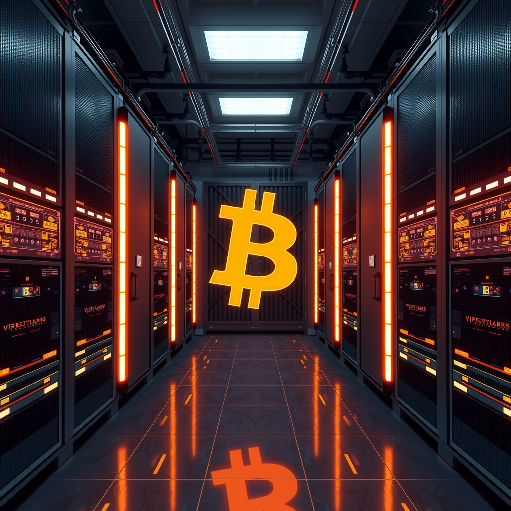 Create a image showing a crypto mining data center which is producing bitcoins or other crypto currencies