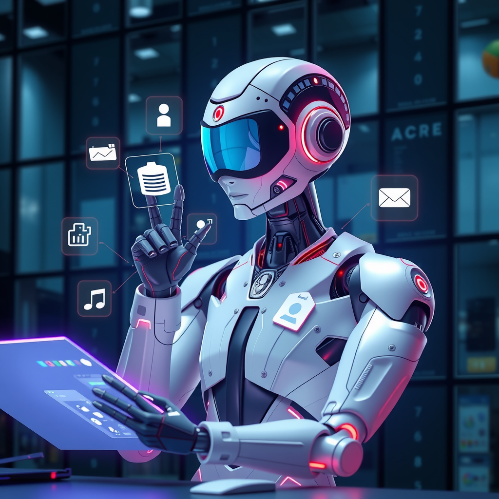 A futuristic AI assistant handling various business tasks.