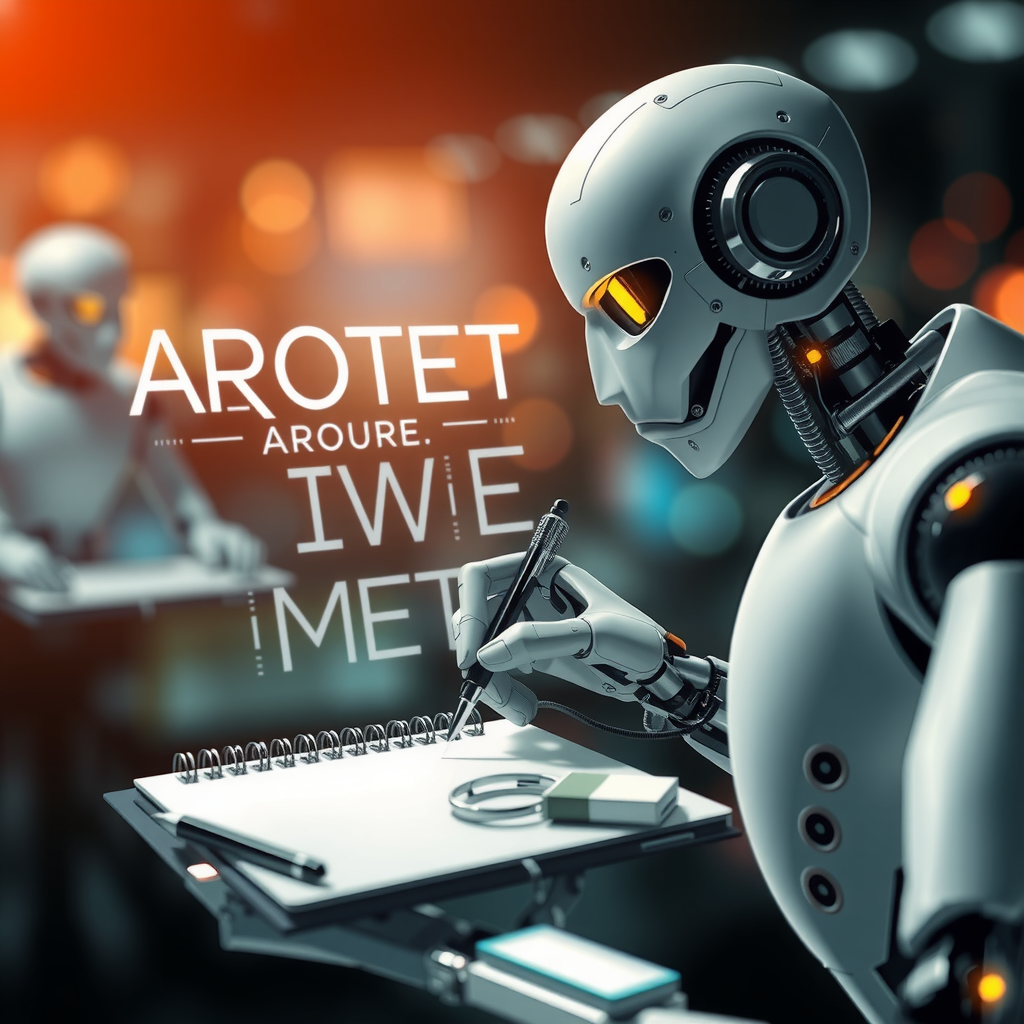 ai-generated image of an AI robot writing on a digital notepad, with words forming dynamically
