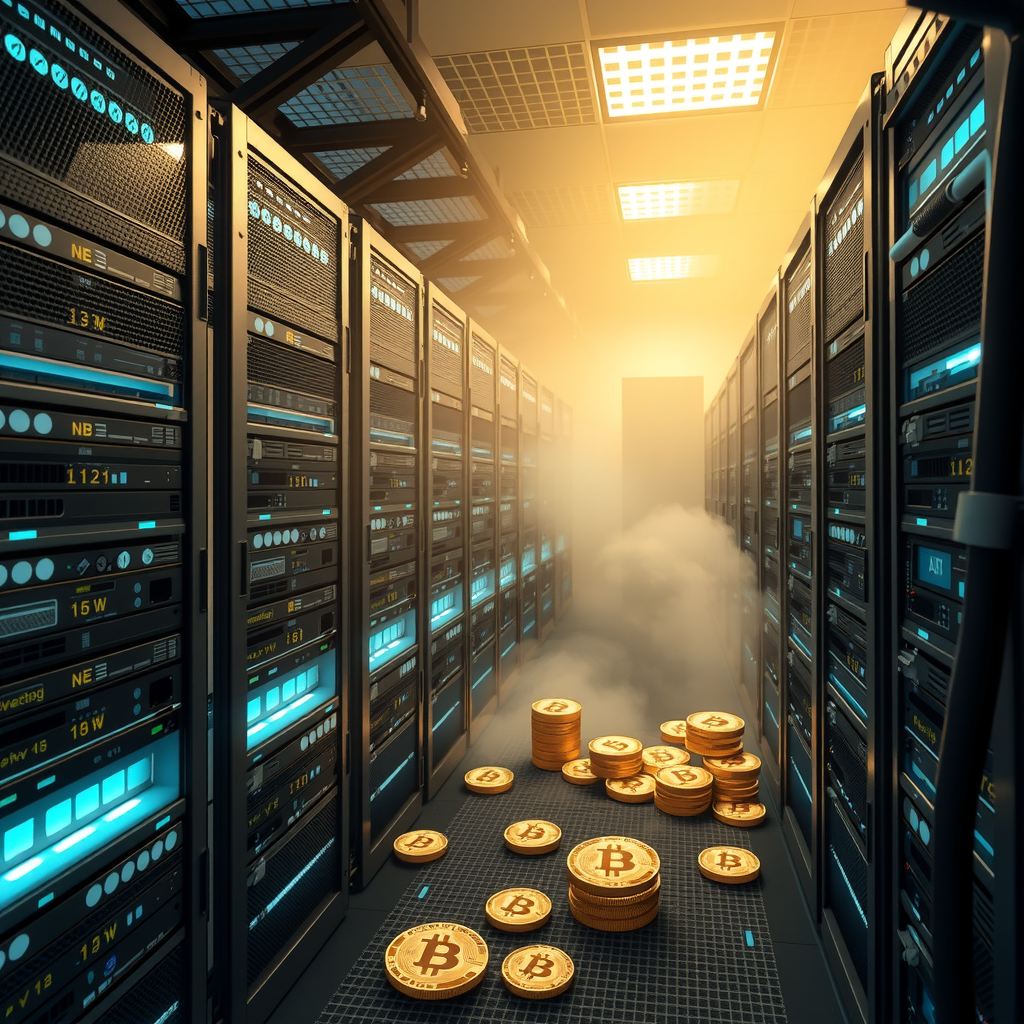 Create a image showing a crypto mining data center which is producing bitcoins or other crypto currencies