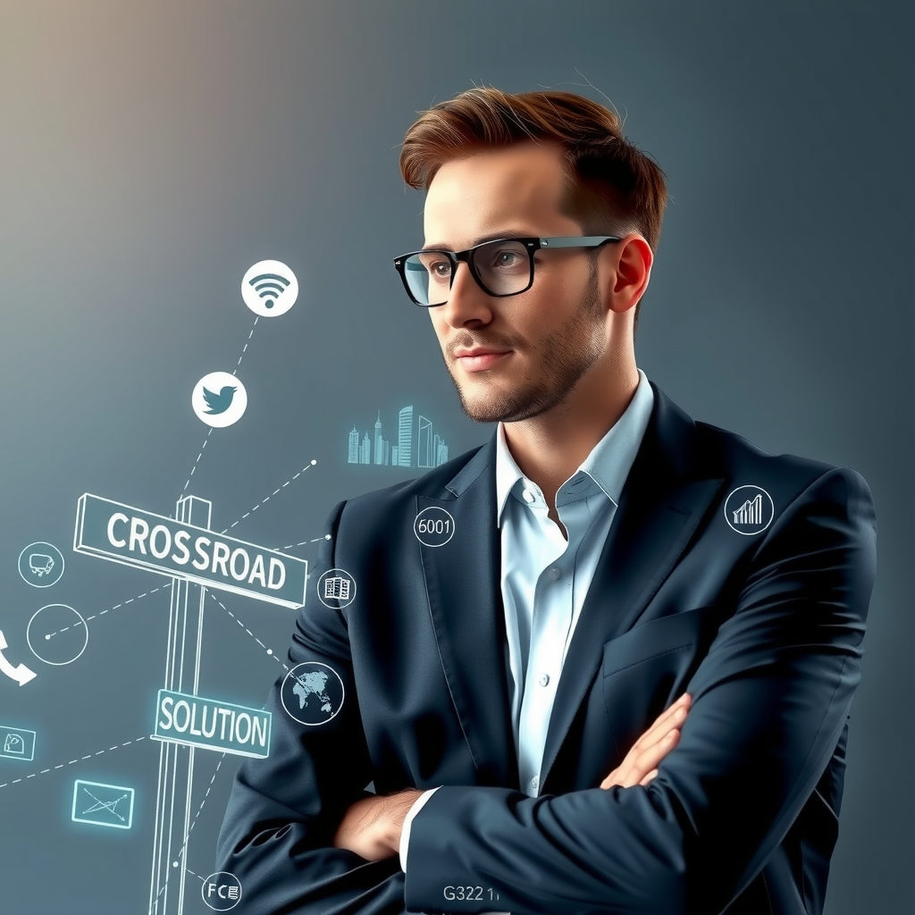 ai-generated image of a business professional facing crossroads, with tech-inspired solutions visualized around them