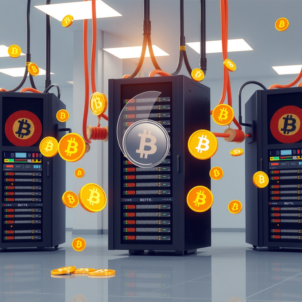 Create a image showing a crypto mining data center which is producing bitcoins or other crypto currencies