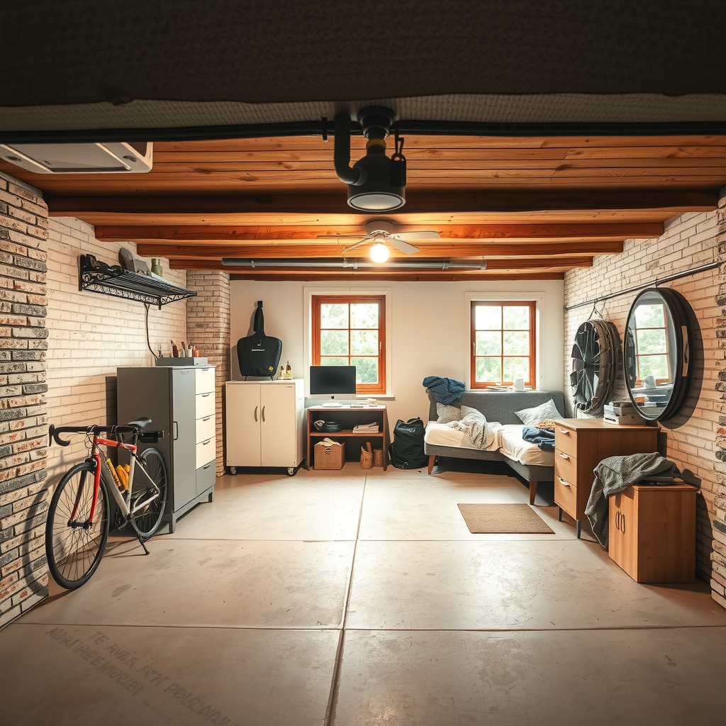 Erstelle ein Bild das zeigt wie private Lagerungsräume aussehen könnten wie z.B. ein Keller, ein Raum in einer Wohnung oder Einfamilienhaus. Es könnte auch eine Garage sein oder ein andere Ort indem man gut Sachen lagern kann.