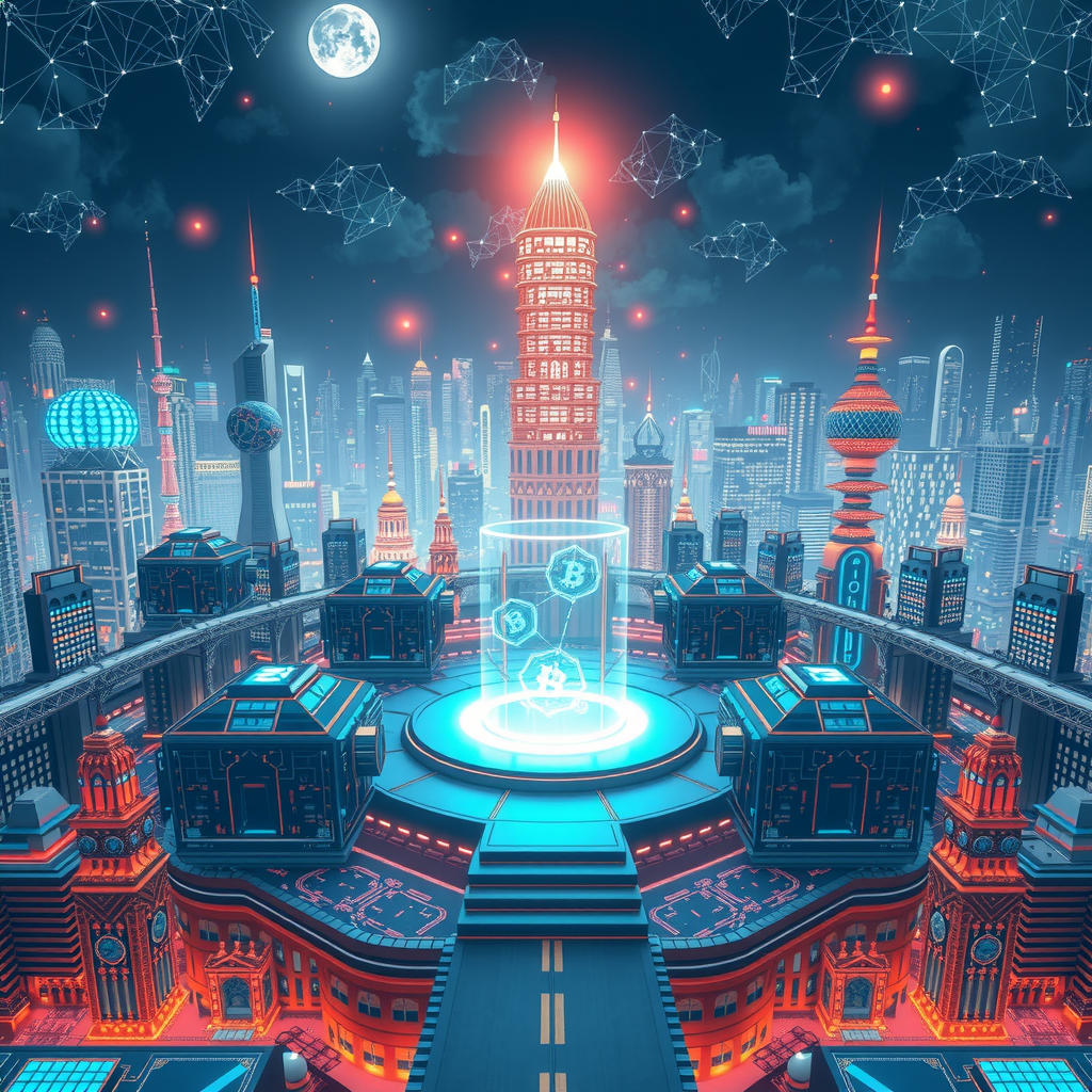 A futuristic city powered by decentralized blockchain nodes, showing a transparent system.