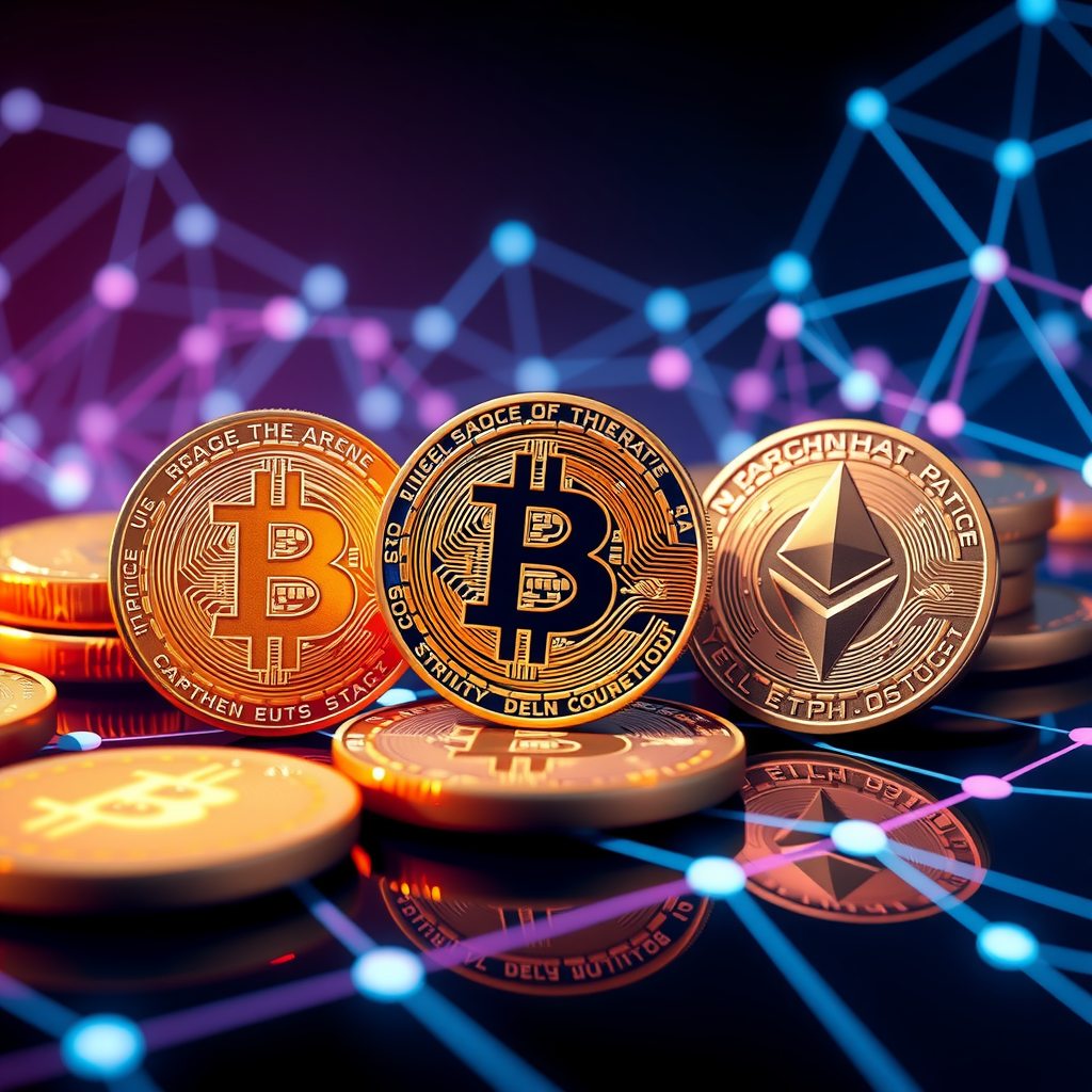 Create a image showing coins with a crypto logo to illustrate crypto currency. You can use the BTC, ETH, or similar famous crypto logo. The background can be abstract and futuristic e.g show a blockchain which is a network with nodes and edges