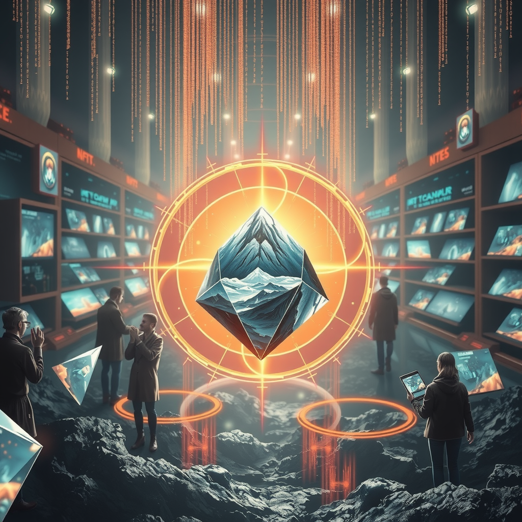 Create an image inspired by the concept of Non-Fungible Tokens or NFTs. The artwork could be a stunning landscape or complex abstract design, surrounded by the ethereal glow of blockchain code strings, hinting at the underpinning technology of NFTs. In the background, portray a digital marketplace, filled with other similar prisms, making a scene that feels futuristic and exploring the excitement and intrigue surrounding the digitized art market.