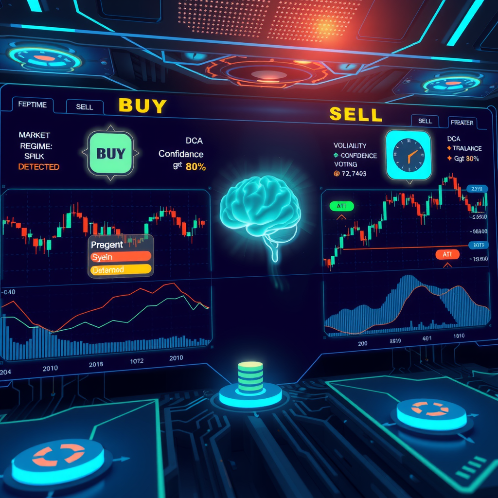 Create a futuristic, high-tech dashboard interface showcasing an autonomous crypto trading AI. The scene includes: • Real-time candlestick charts with AI annotations (“BUY”, “SELL”, “HOLD”) • Labels like “Market Regime: Bull”, “Volatility Spike Detected”, and “Confidence &gt; 80%” • Floating icons or overlays representing DCA, trailing stop, and strategy voting • A glowing neural network brain integrated into a circuit board • Dark mode color palette with electric blue and neon green highlights The style should blend cyberpunk aesthetics with financial UI/UX design, ideal for a promo of CapTradeAI.com — a next-gen autonomous trading agent.