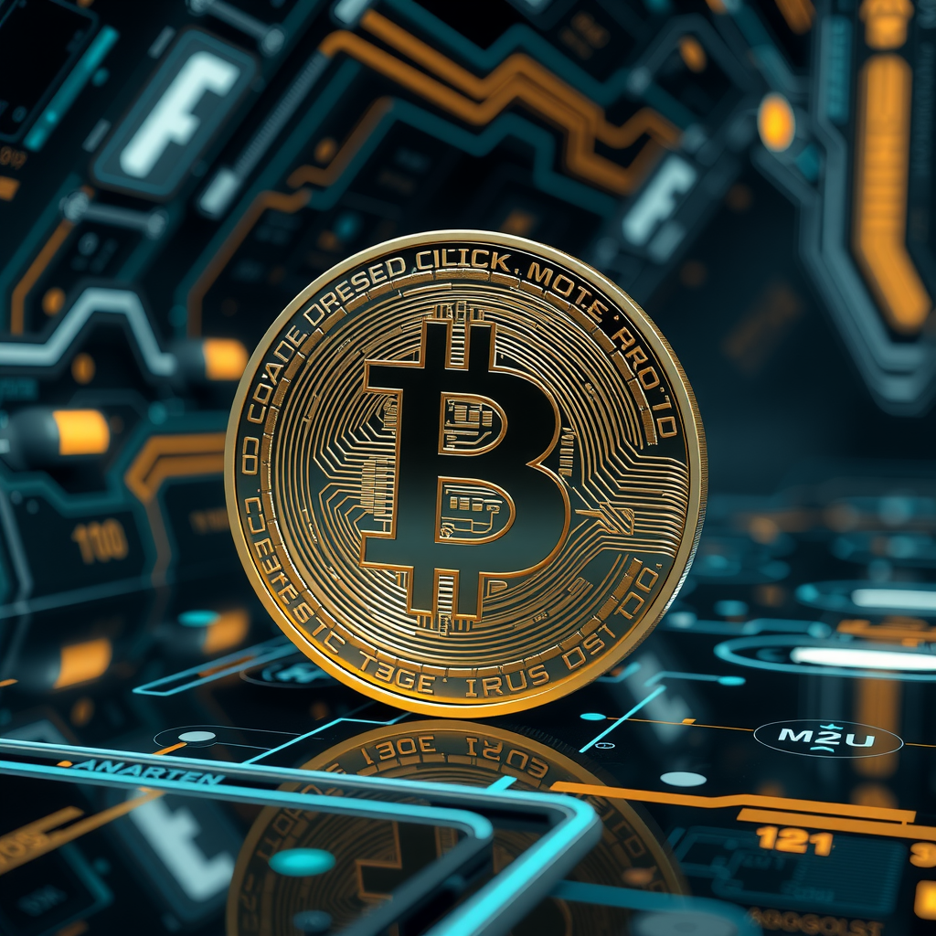 Generate a image showing a bitcoin (BTC) in a futuristic background