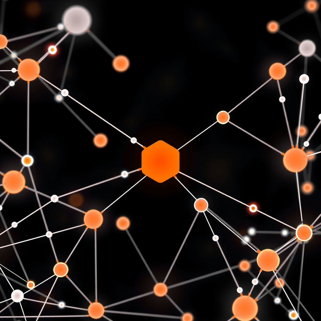 Create an image showing a blockchain in a abstract way with nodes and edges. A kind of network that is running the blockchain.