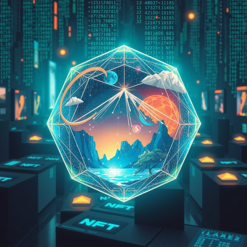 Create an image inspired by the concept of Non-Fungible Tokens or NFTs. The artwork could be a stunning landscape or complex abstract design, surrounded by the ethereal glow of blockchain code strings, hinting at the underpinning technology of NFTs. In the background, portray a digital marketplace, filled with other similar prisms, making a scene that feels futuristic and exploring the excitement and intrigue surrounding the digitized art market.