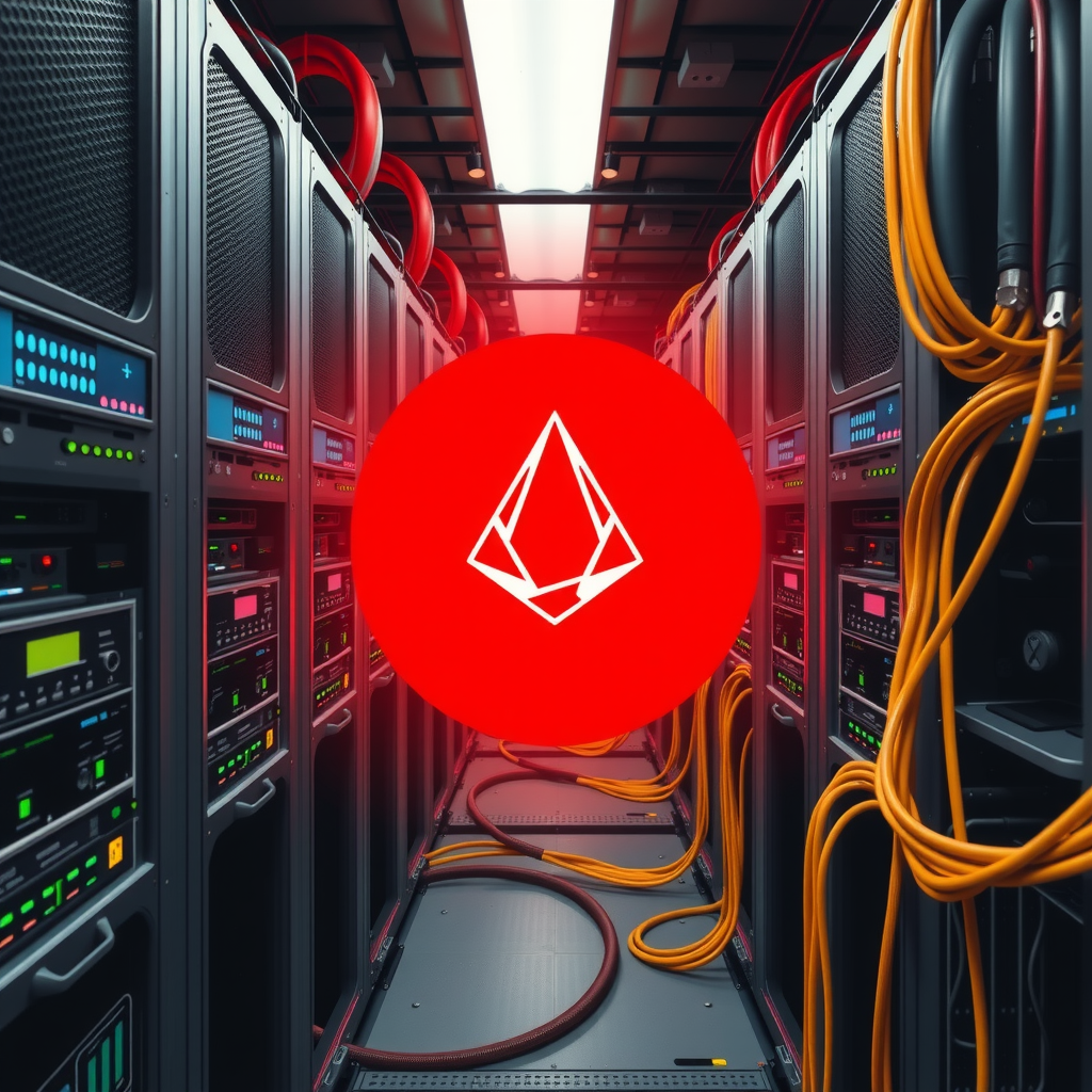 A technical environment with computers, servers, routers and cables mining crypto currencies like cardano ADA.