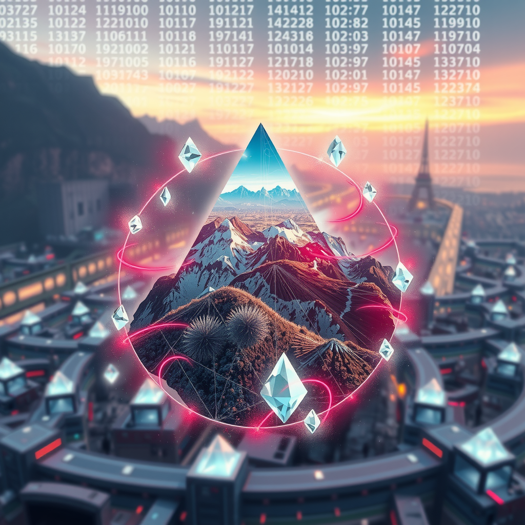 Create an image inspired by the concept of Non-Fungible Tokens or NFTs. The artwork could be a stunning landscape or complex abstract design, surrounded by the ethereal glow of blockchain code strings, hinting at the underpinning technology of NFTs. In the background, portray a digital marketplace, filled with other similar prisms, making a scene that feels futuristic and exploring the excitement and intrigue surrounding the digitized art market.