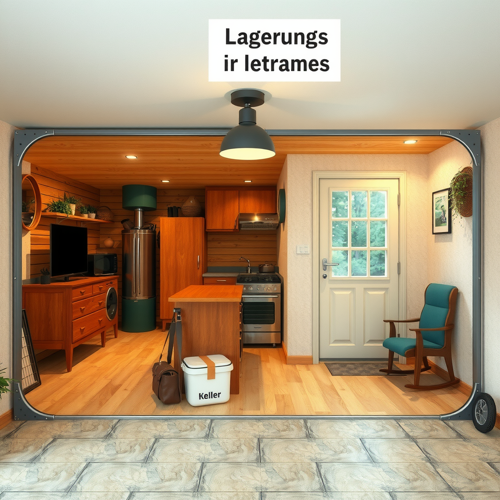 Erstelle ein Bild das zeigt wie private Lagerungsräume aussehen könnten wie z.B. ein Keller, ein Raum in einer Wohnung oder Einfamilienhaus. Es könnte auch eine Garage sein oder ein andere Ort indem man gut Sachen lagern kann.