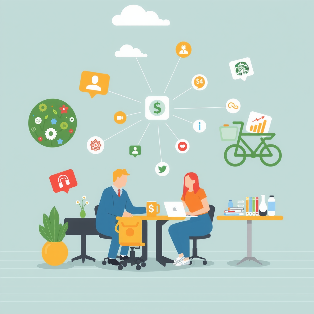 Erstelle ein bild das die shared economy illustriert. Der Begriff der Sharing Economy meint das systematische Ausleihen von Gegenständen und gegenseitige Bereitstellen von Räumen und Flächen, insbesondere durch Privatpersonen und Interessengruppen. Im Mittelpunkt steht die Collaborative Consumption, der Gemeinschaftskonsum.