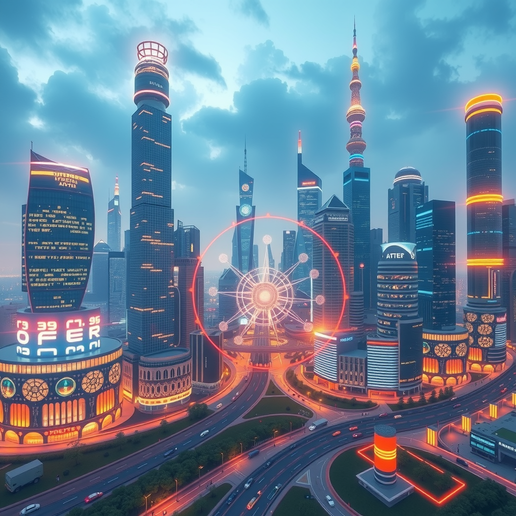 A futuristic city powered by decentralized blockchain nodes, showing a transparent system.