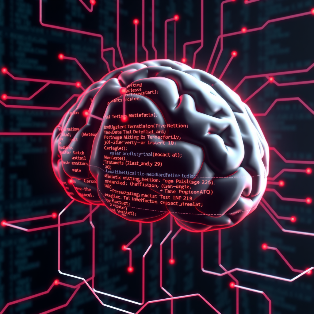ai-generated image of a digital brain made of code and data, symbolizing complex algorithmic thinking