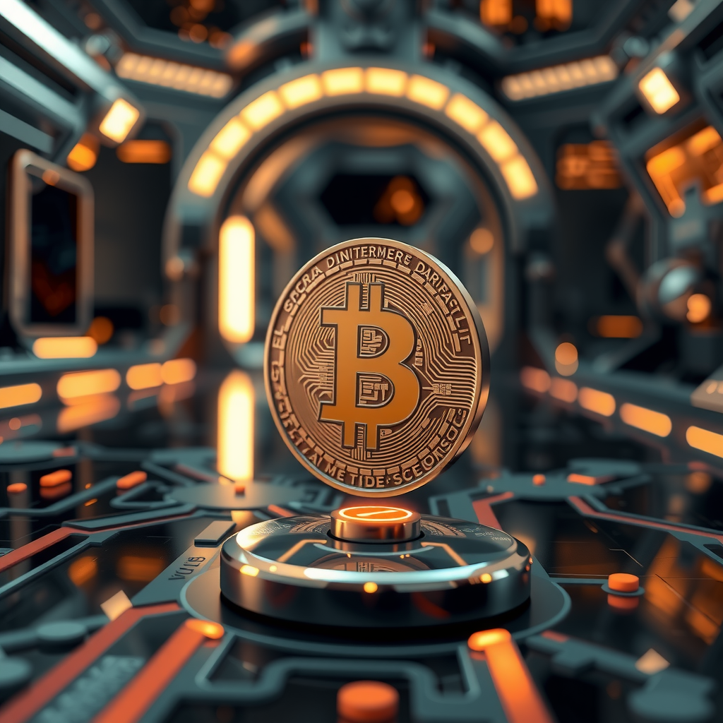 Generate a image showing a bitcoin (BTC) in a futuristic background