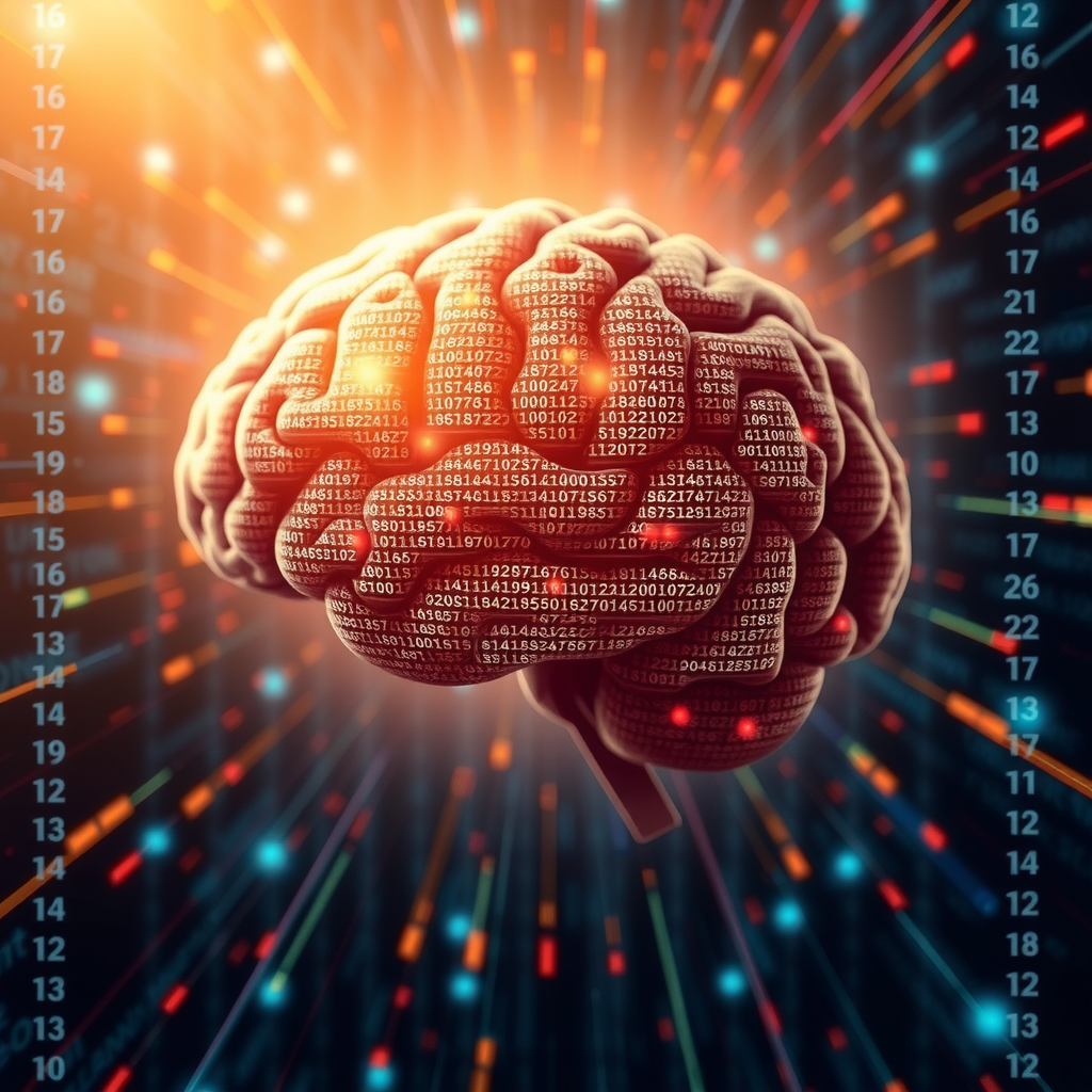ai-generated image of a digital brain made of code and data, symbolizing complex algorithmic thinking