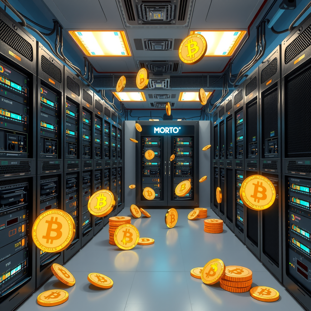 Create a image showing a crypto mining data center which is producing bitcoins or other crypto currencies