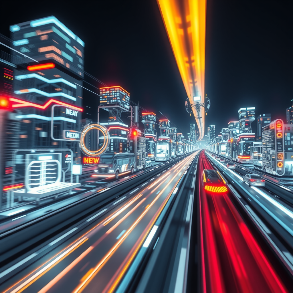 ai-generated image of a futuristic high-speed city with tech innovation hubs, symbolizing speed in development. 