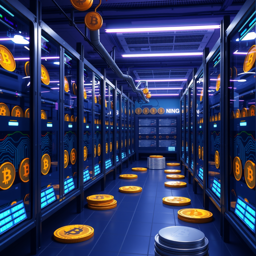 Create a image showing a crypto mining data center which is producing bitcoins or other crypto currencies