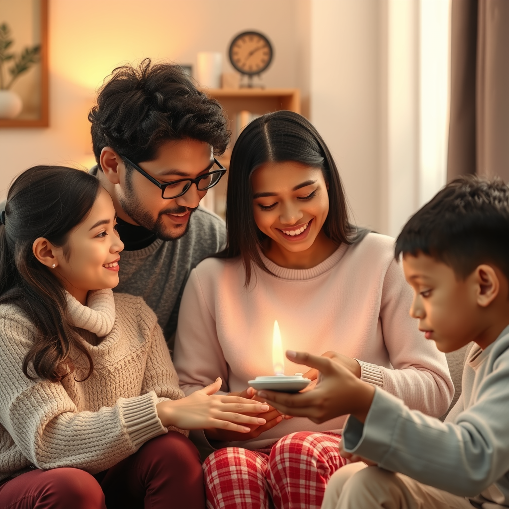 ai-generated image of a happy family engaging with a smart AI assistant, receiving helpful insights