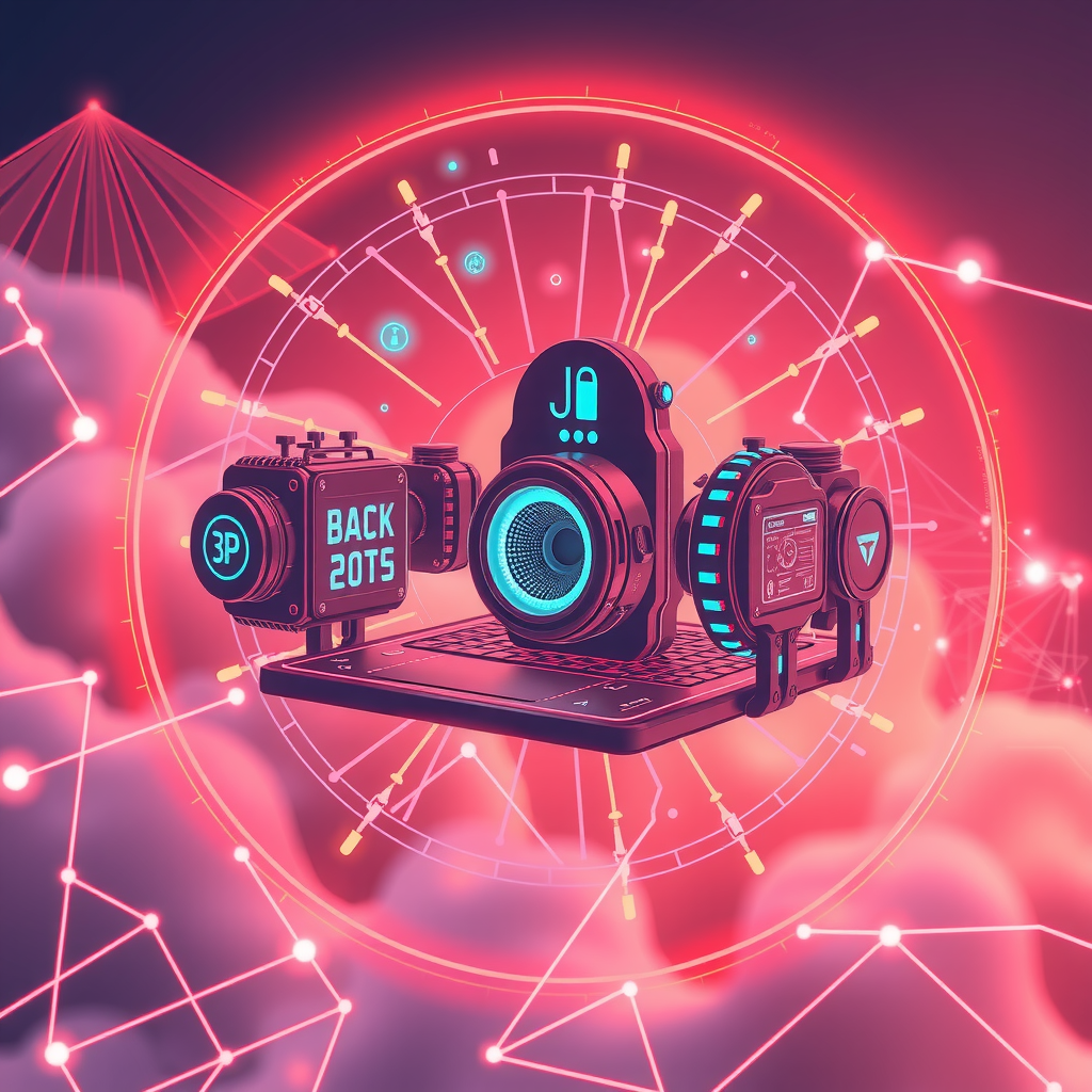 Visualize scaling technology and future tech by different backend architecture choices. Create an image that is creating an athmosphere about future technology. 