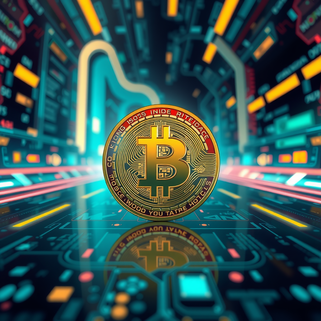 Generate a image showing a bitcoin (BTC) in a futuristic background