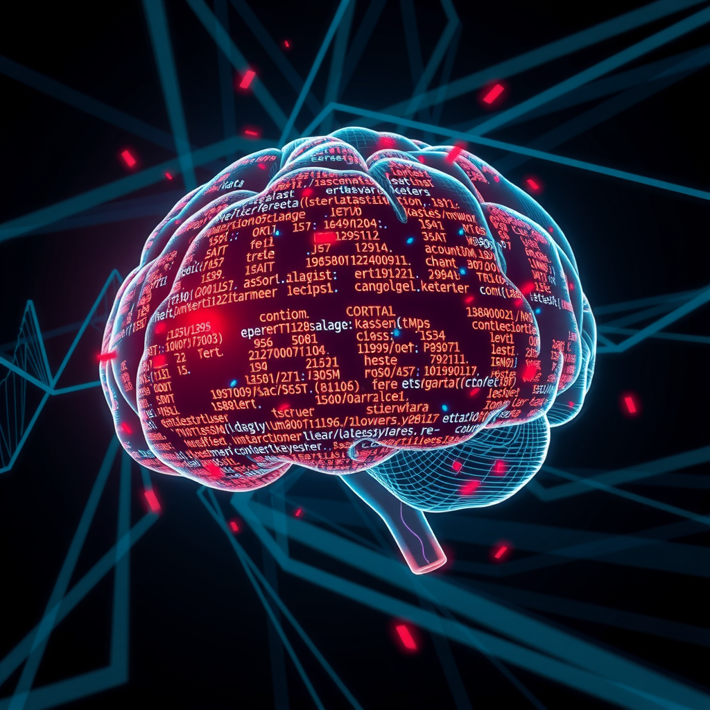 ai-generated image of a digital brain made of code and data, symbolizing complex algorithmic thinking