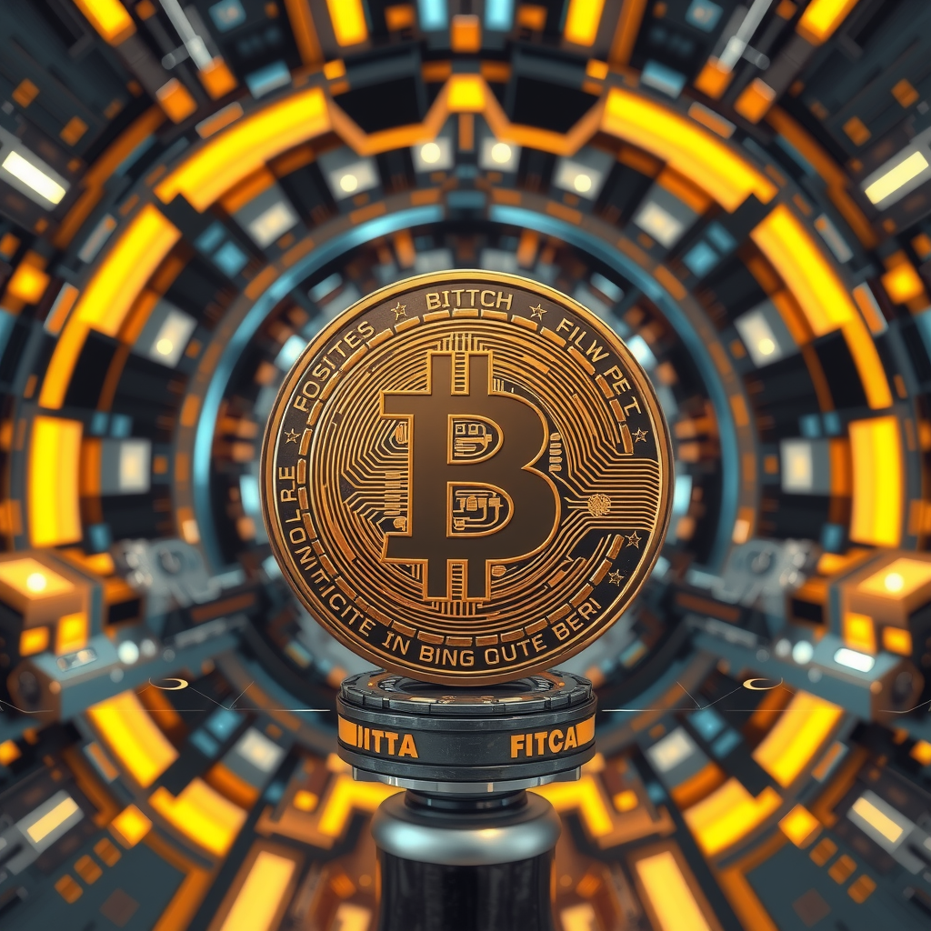 Generate a image showing a bitcoin (BTC) in a futuristic background