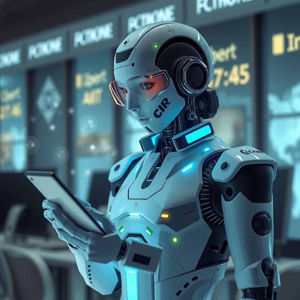 A futuristic AI assistant handling various business tasks.