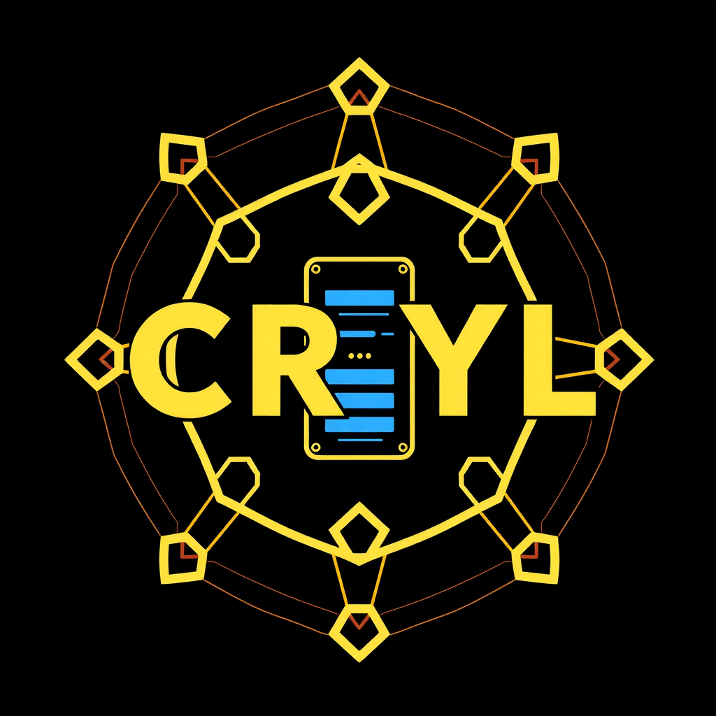 A crypto-themed cardano blockchain logo using the letters CRYL feature a home server in a dark basemenet