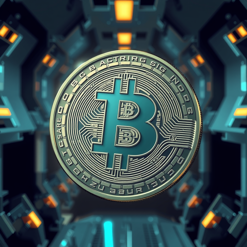 Generate a image showing a bitcoin (BTC) in a futuristic background