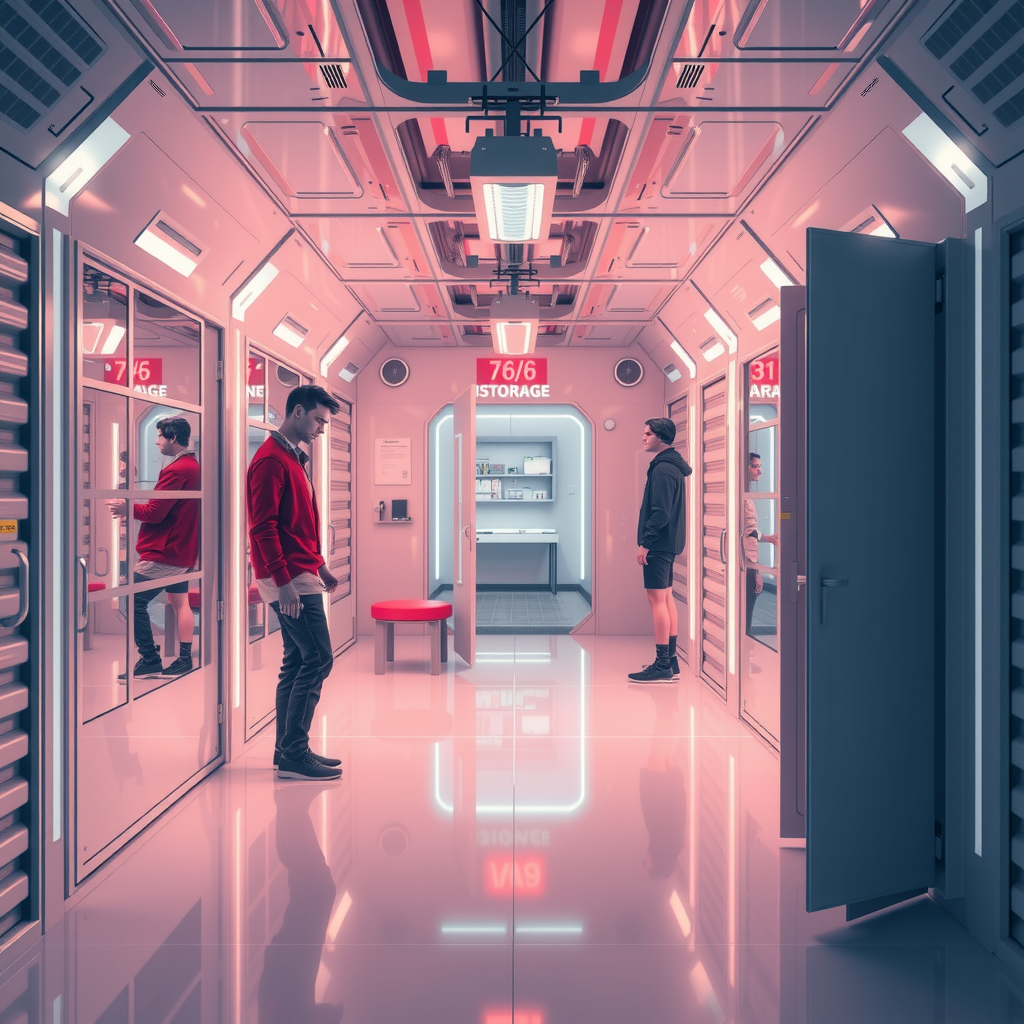 ai-generated image of a futuristic storage-sharing economy, showing people renting out spaces
