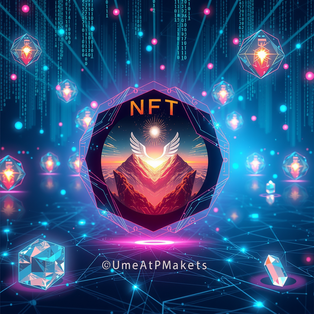 Create an image inspired by the concept of Non-Fungible Tokens or NFTs. The artwork could be a stunning landscape or complex abstract design, surrounded by the ethereal glow of blockchain code strings, hinting at the underpinning technology of NFTs. In the background, portray a digital marketplace, filled with other similar prisms, making a scene that feels futuristic and exploring the excitement and intrigue surrounding the digitized art market.