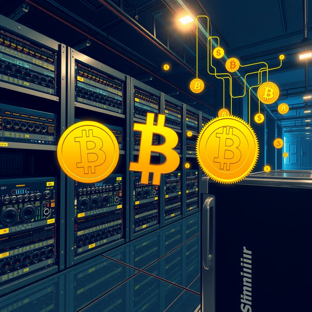 Create a image showing a crypto mining data center which is producing bitcoins or other crypto currencies