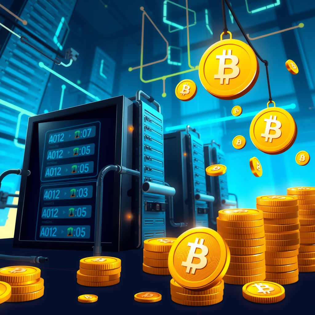 Create a image showing a crypto mining data center which is producing bitcoins or other crypto currencies