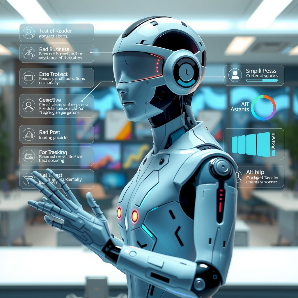 A futuristic AI assistant handling various business tasks.
