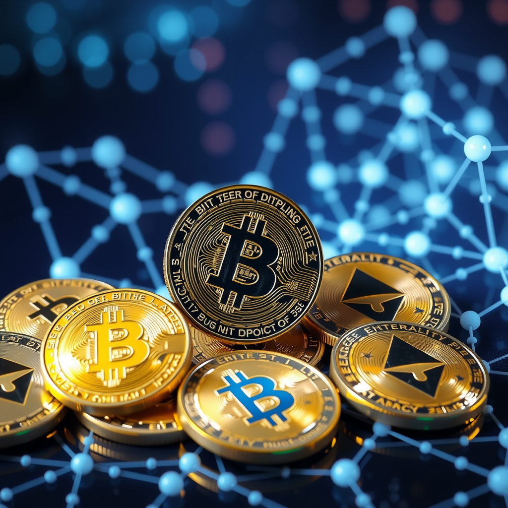 Create a image showing coins with a crypto logo to illustrate crypto currency. You can use the BTC, ETH, or similar famous crypto logo. The background can be abstract and futuristic e.g show a blockchain which is a network with nodes and edges