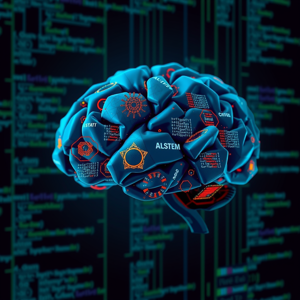 ai-generated image of a digital brain made of code and data, symbolizing complex algorithmic thinking