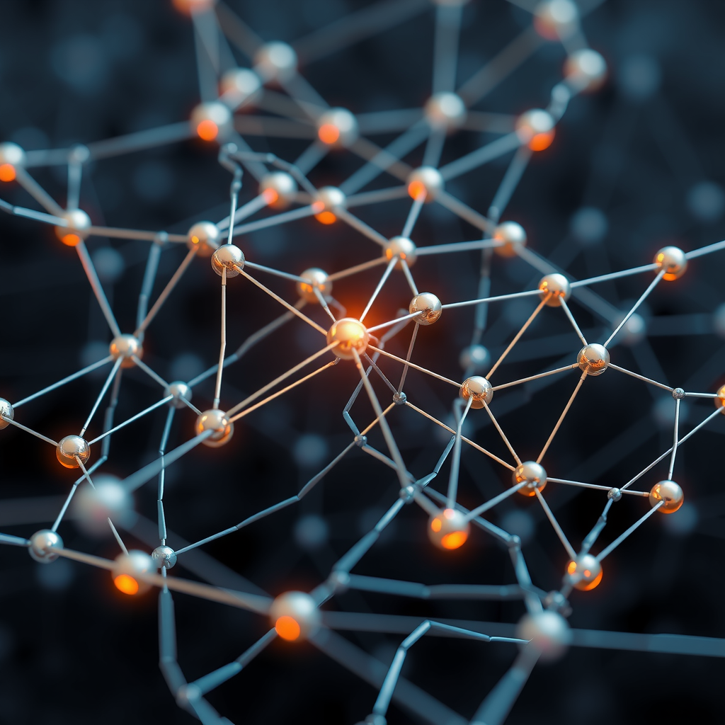 Create an image showing a blockchain in a abstract way with nodes and edges. A kind of network that is running the blockchain.